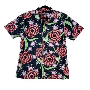 LOST Mens Aloha Hawaiian Shirt Black Floral Print Button Up Short Sleeve Size L